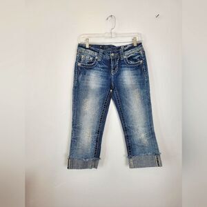 Miss Me Easy Capri Jeans Cropped Bedazzled Y2K 90s Casual Denim Medium Wash 25